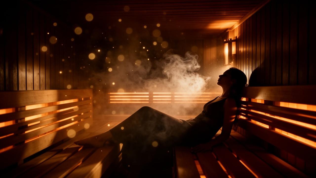 Luxuriöse Sauna-Atmosphäre mit warmem Licht und aufsteigendem Dampf - woodsense Saunabau Bielefeld